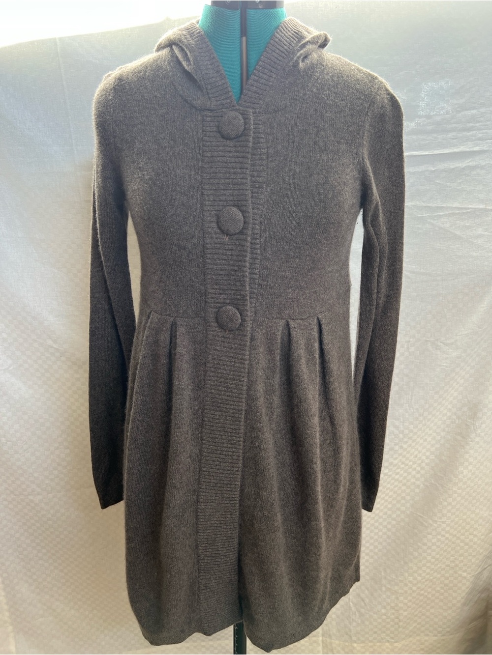 Aqua 100% Cashmere Long-Sleeve Hooded Knit Cardigan/Dress in Brown/Gray/Green